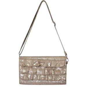 Genna De Rossi Beige Patent Floral Ruffle Shoulder Bag Y2K Vintage Clutch Purse